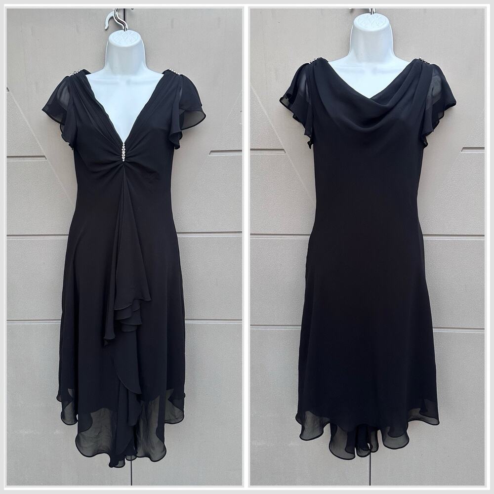 VTG'90s y2k Black Chiffon Draped Cocktail Slinky Midi Dress/Assimetrical Hem 6